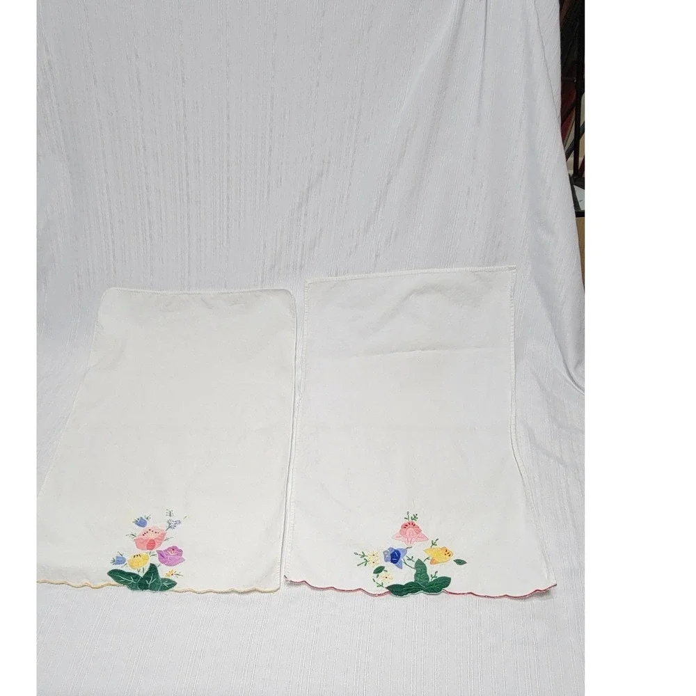 2 Vintage Hand Embroidered Floral Applique Scallop Edge Cotton Dish towels